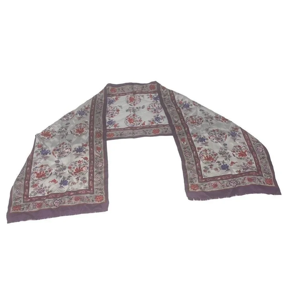 Oscar de la Renta 100% Luxurious Silk Flower Design Scarf Fringe Silver Floral‎